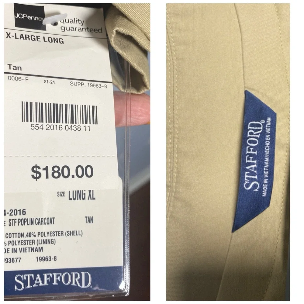 STAFFORD All Weather Poplin Car Coat Zip-Out Liner Tan Men's XL Long NEW ret$180